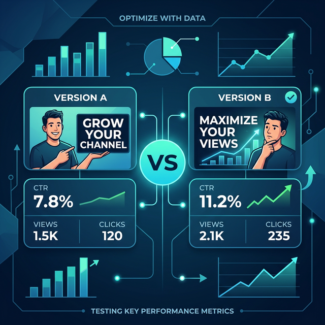 A/B testing concept showing two thumbnail variants with performance metrics and CTR comparison