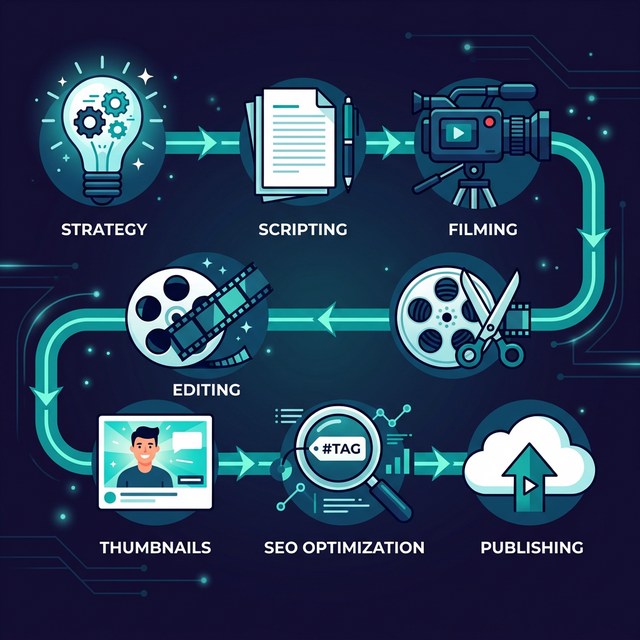 YouTube content creation pipeline from strategy through to publishing and optimization