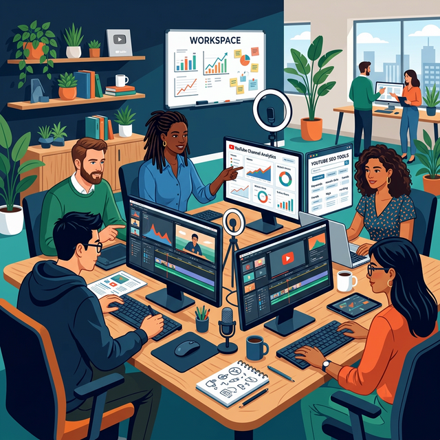 Professional team collaborating on YouTube channel management with analytics and editing tools