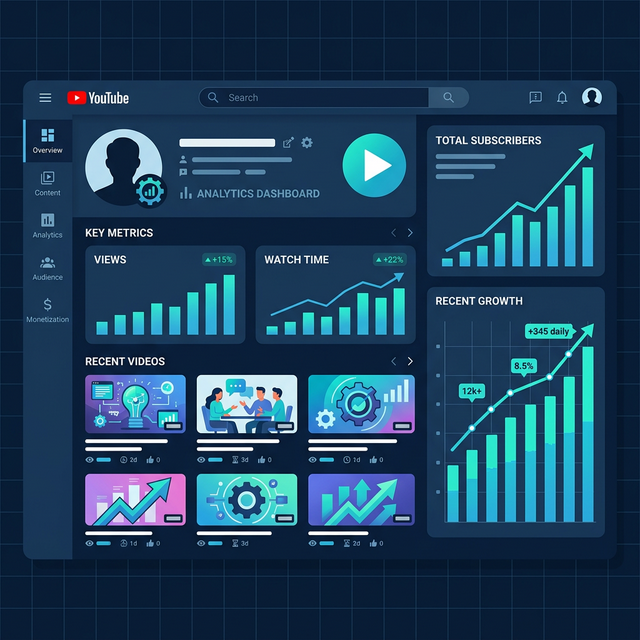 YouTube channel growth dashboard showing analytics, subscriber trends, and performance metrics